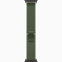 Green woven watch band with tab closure and visible edge stitching