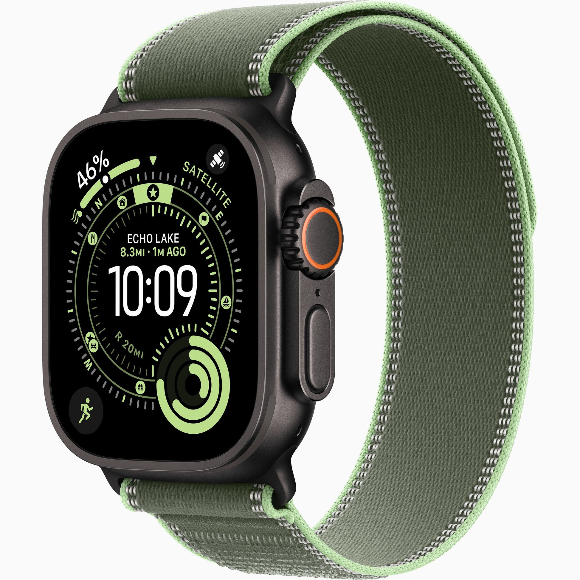 Apple Watch Ultra smartwatch with green woven band and bright green edge stitching