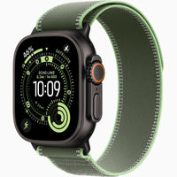 Apple Watch Ultra smartwatch with green woven band and bright green edge stitching