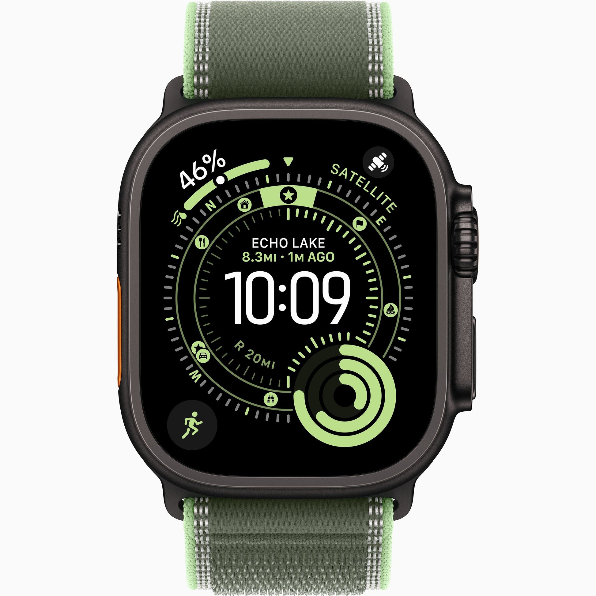 Apple Watch Ultra smartwatch with olive green band, neon green accents on weave