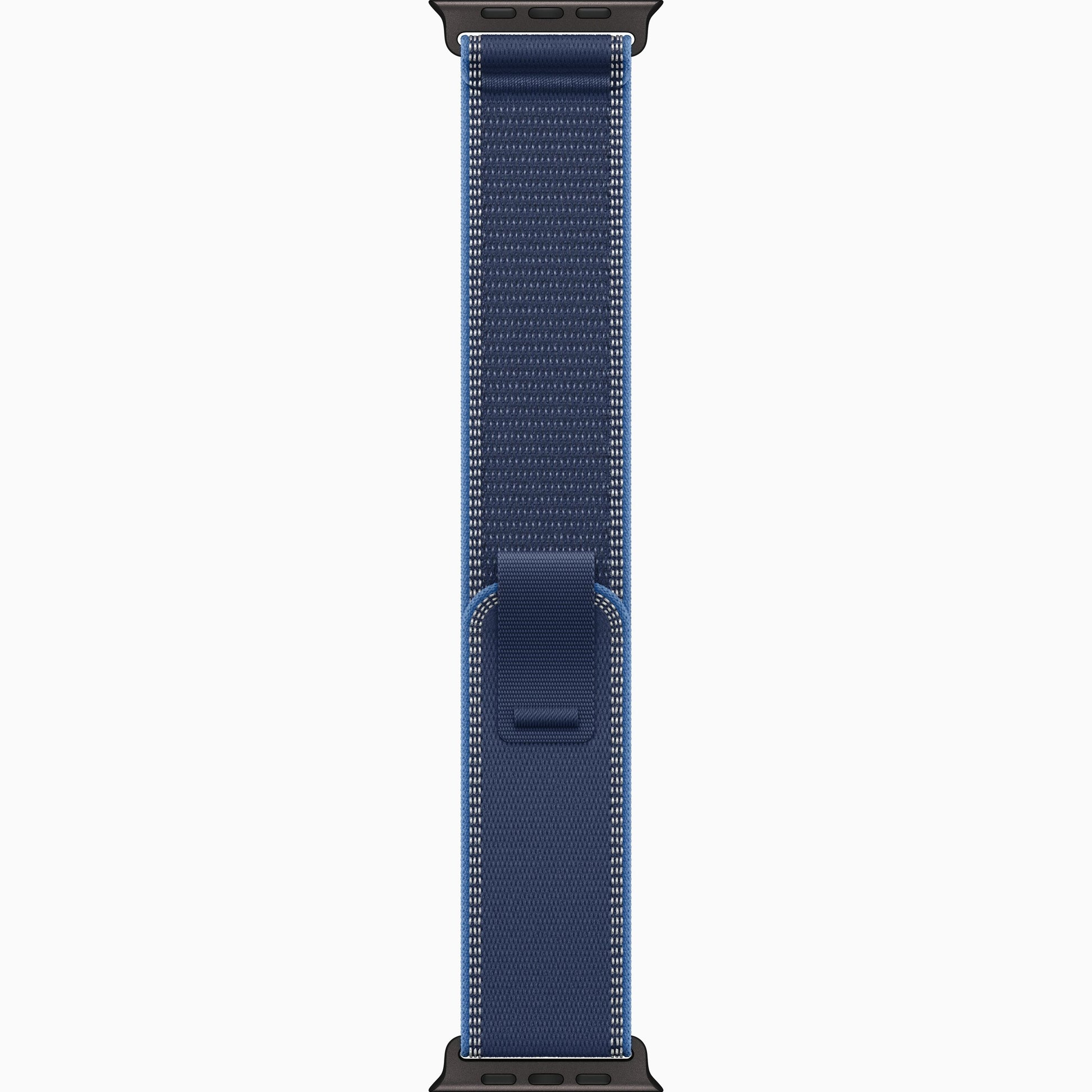 Apple Watch Ultra smartwatch with dark blue woven band, clasp tab visible