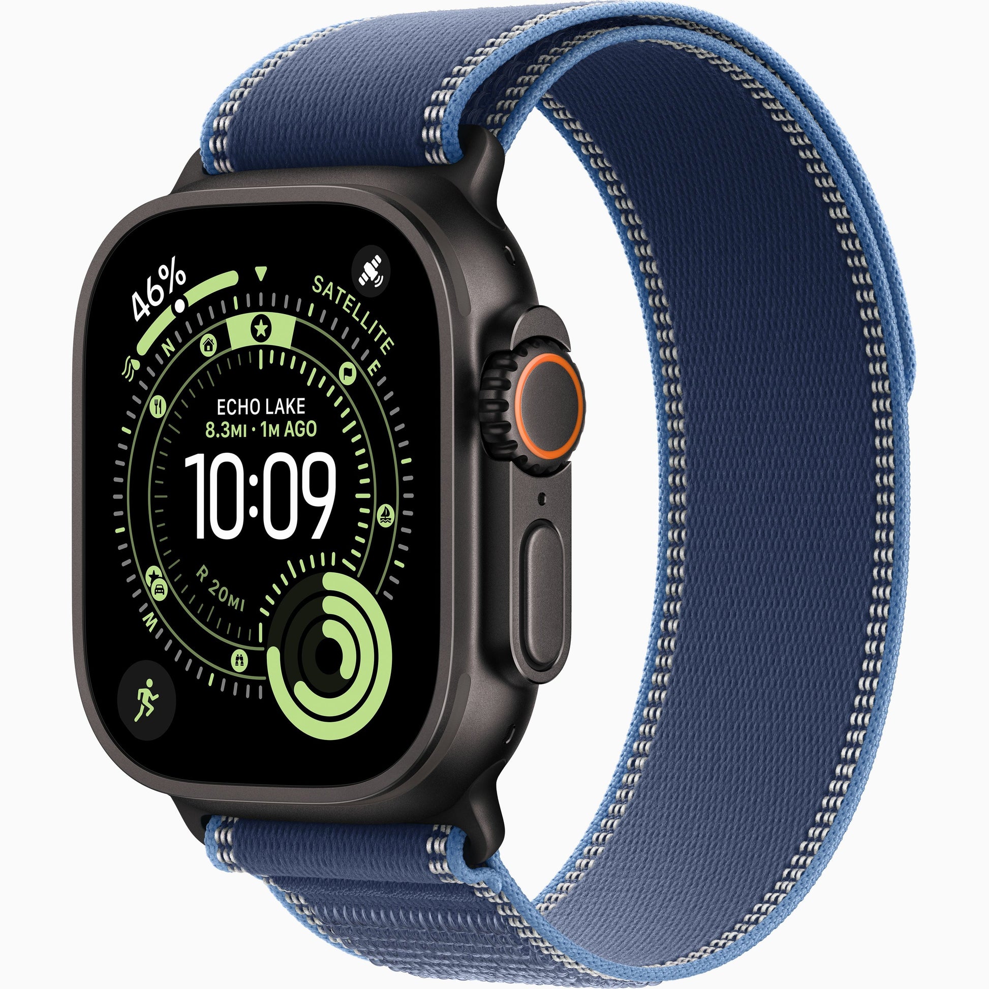 Apple Watch Ultra 3 with blue two-tone woven band and black case, side buttons visible