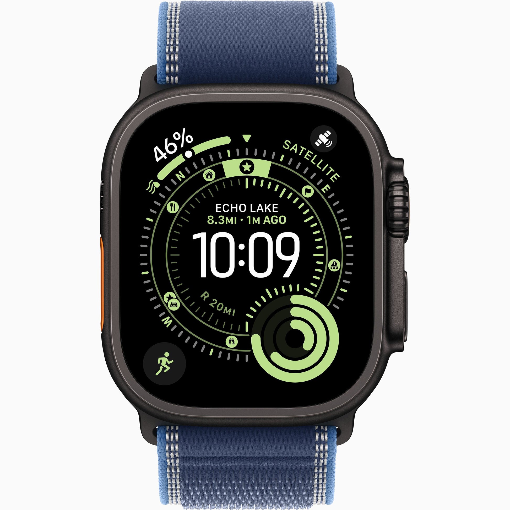Apple Watch Ultra 3 with blue two-tone woven band, smartwatch face with 10:09 displayed