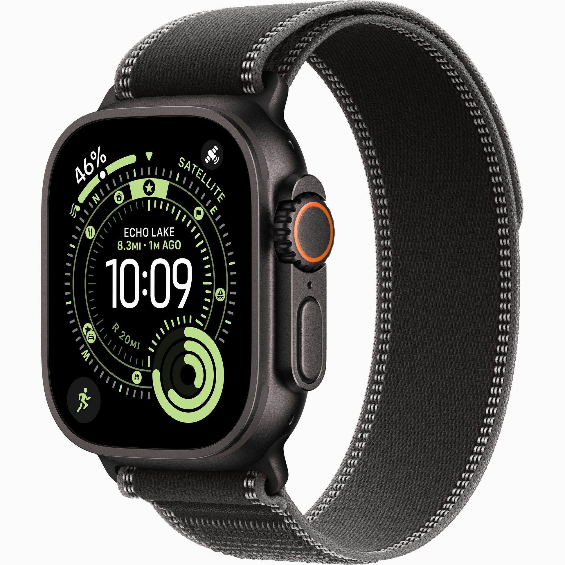 Apple Watch Ultra smartwatch with charcoal/black woven band and light contrast stitching