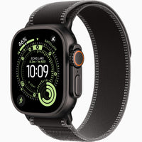 Apple Watch Ultra smartwatch with charcoal/black woven band and light contrast stitching