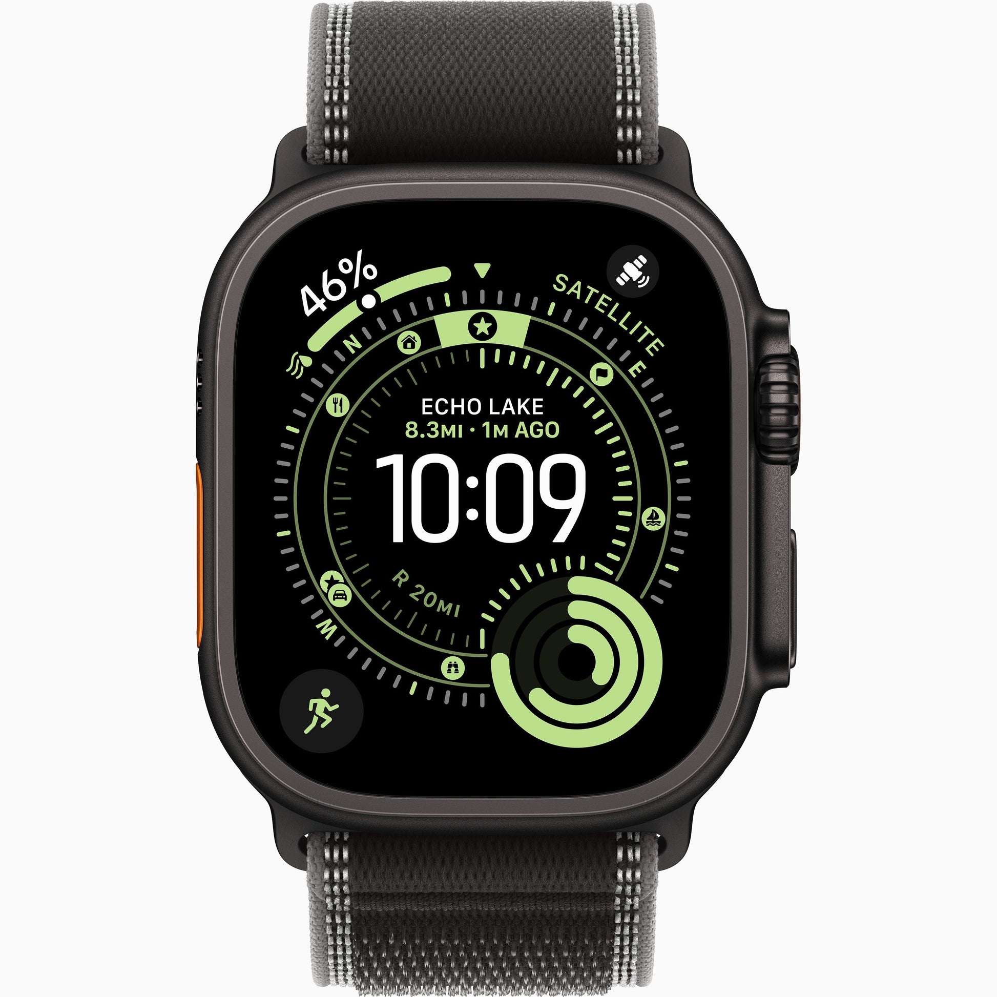 Apple Watch Ultra smartwatch with dark charcoal woven band, light edge stitching visible