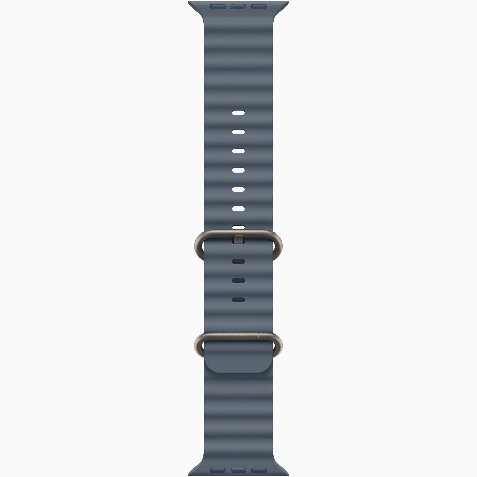 Light blue smartwatch band with perforated texture and metal buckle ends