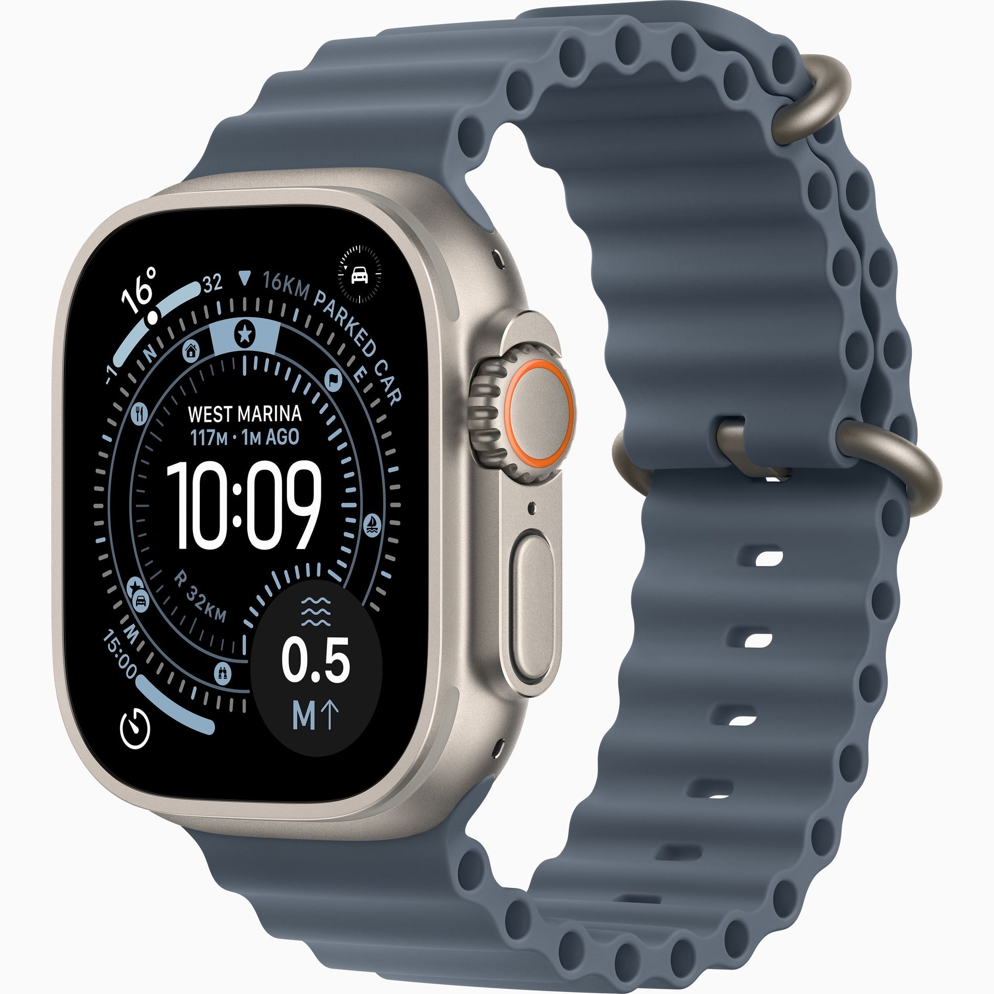 Smartwatch with natural titanium case and dark blue sport band, side buttons visible