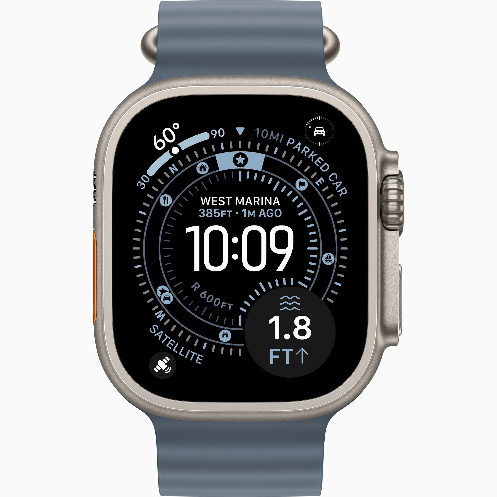 Smartwatch with natural titanium case and light blue sport band, rugged front view