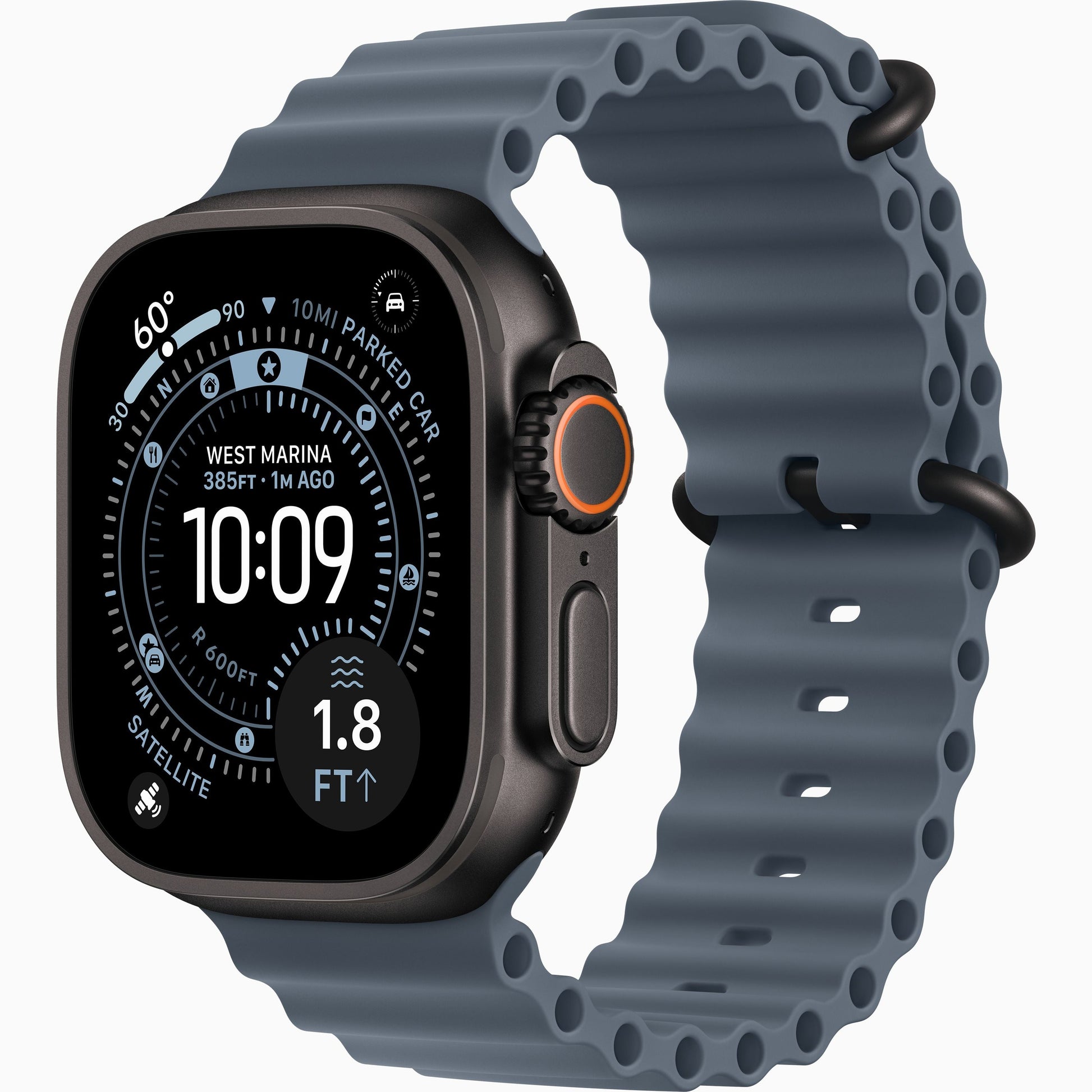 Apple Watch Ultra 3 with dark case and blue silicone Ocean band, rugged face view