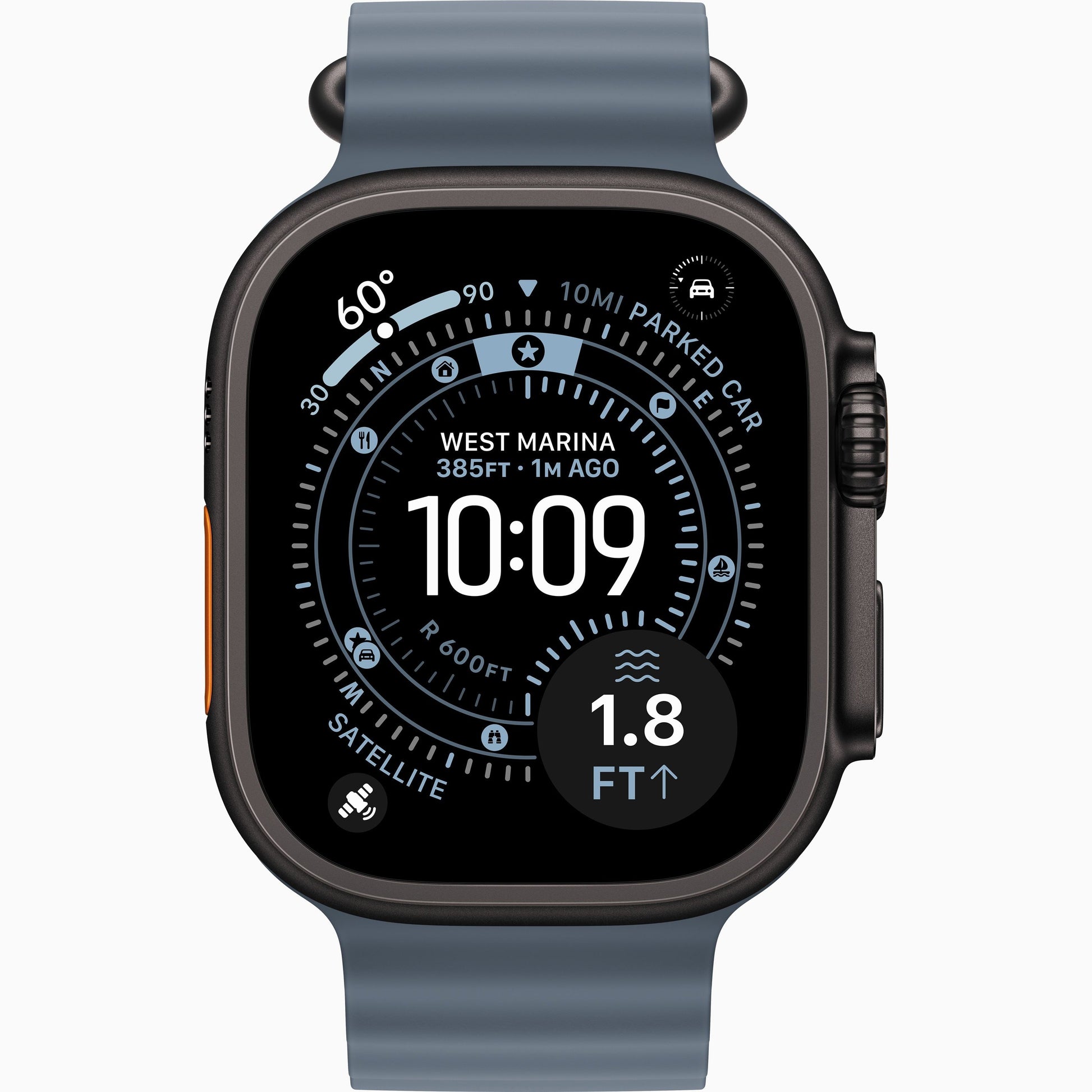 Apple Watch Ultra 3 with dark case and blue silicone band, front watch display