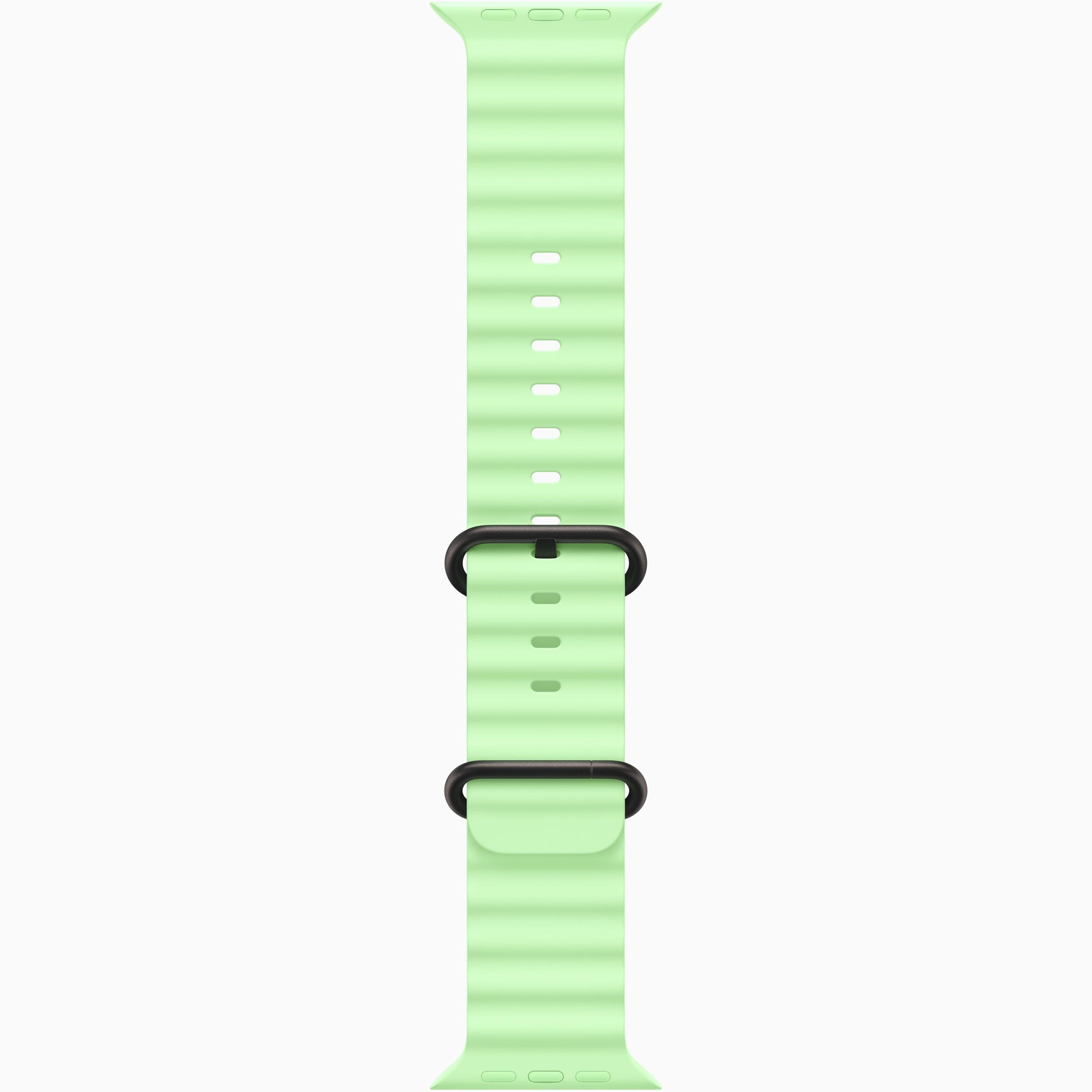 Neon green perforated watch band with two rows of holes and clasp tabs