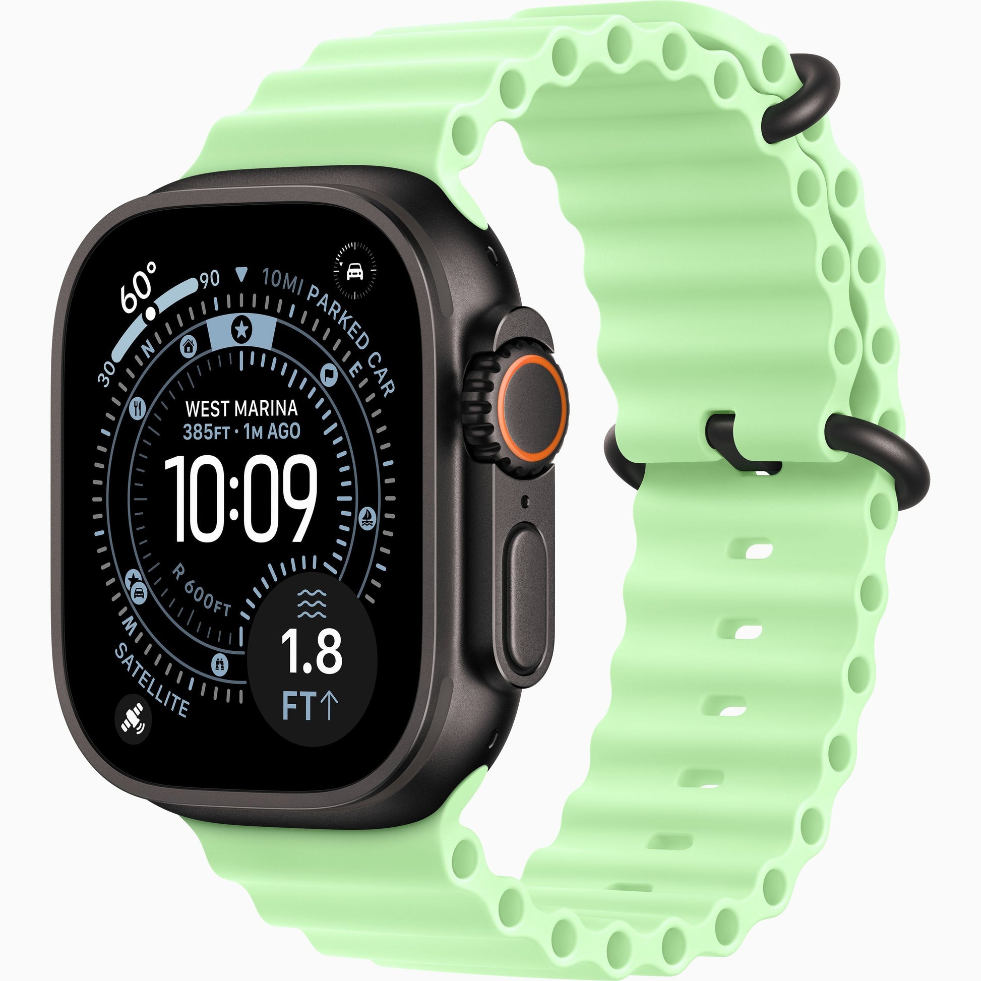 Apple Watch Ultra smartwatch with neon green perforated sports band and black lugs