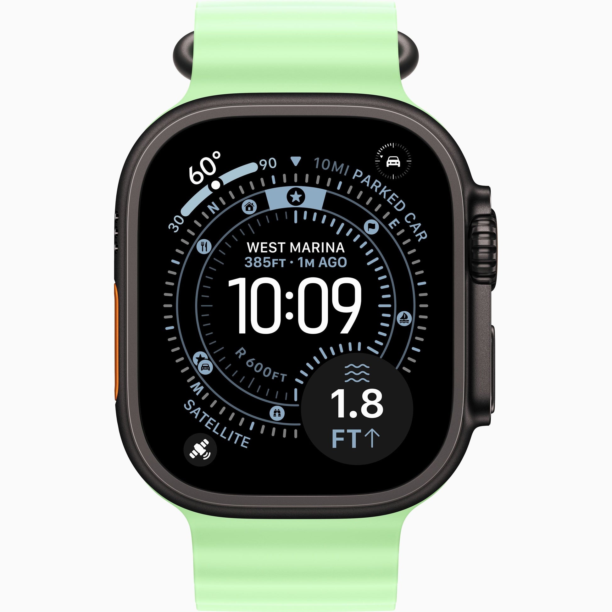 Apple Watch Ultra smartwatch with bright neon green sports band, black watch frame