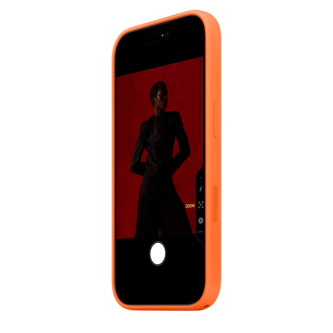 Apple MagSafe silicone case for iPhone, orange side with buttons and port openings