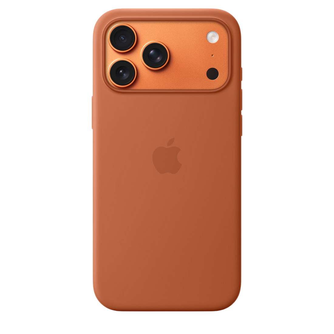 Silicone case with MagSafe for iPhone 17 Pro Max, orange, camera cutouts and button covers.