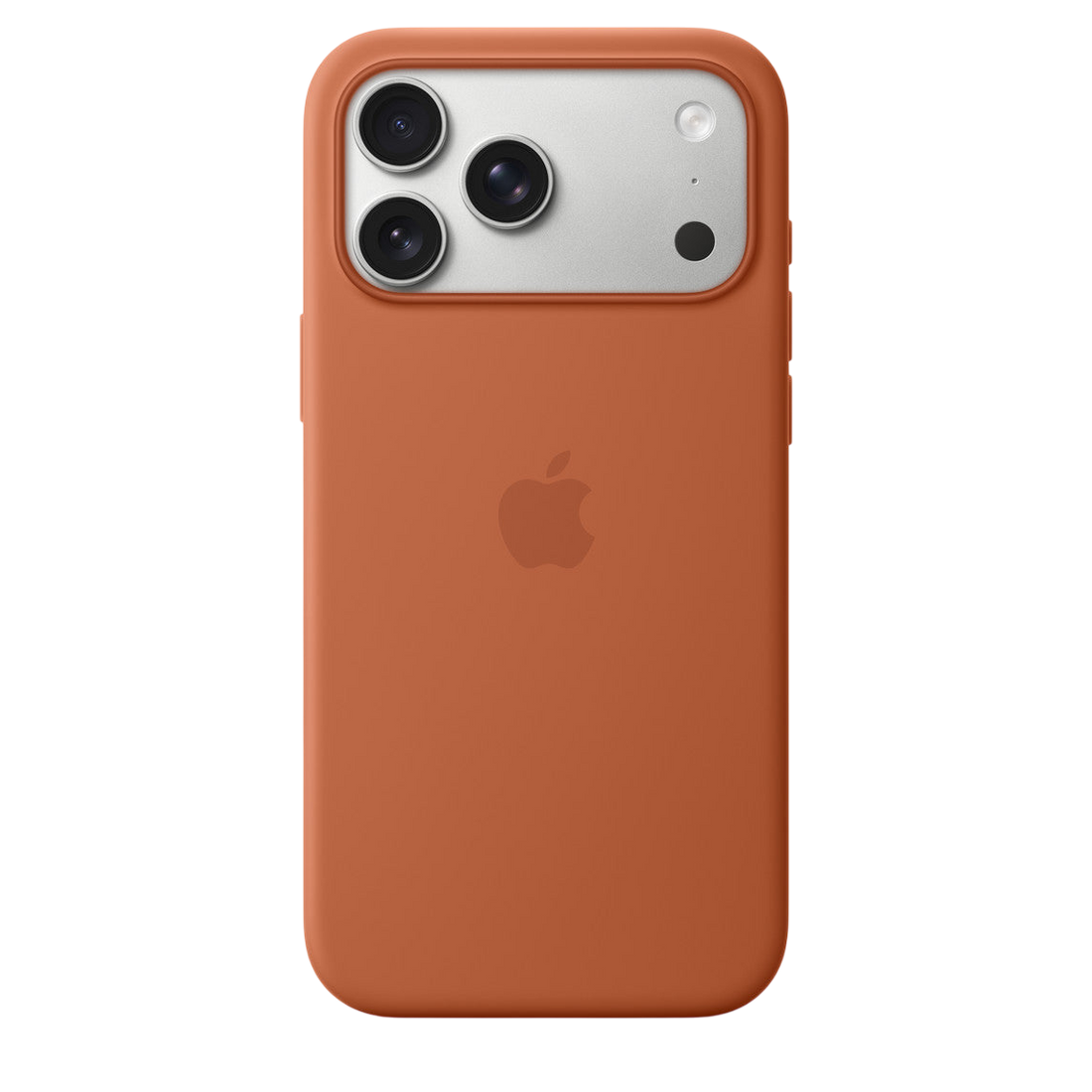 Silicone case with MagSafe for iPhone 17 Pro Max, orange, camera opening and side button cover.