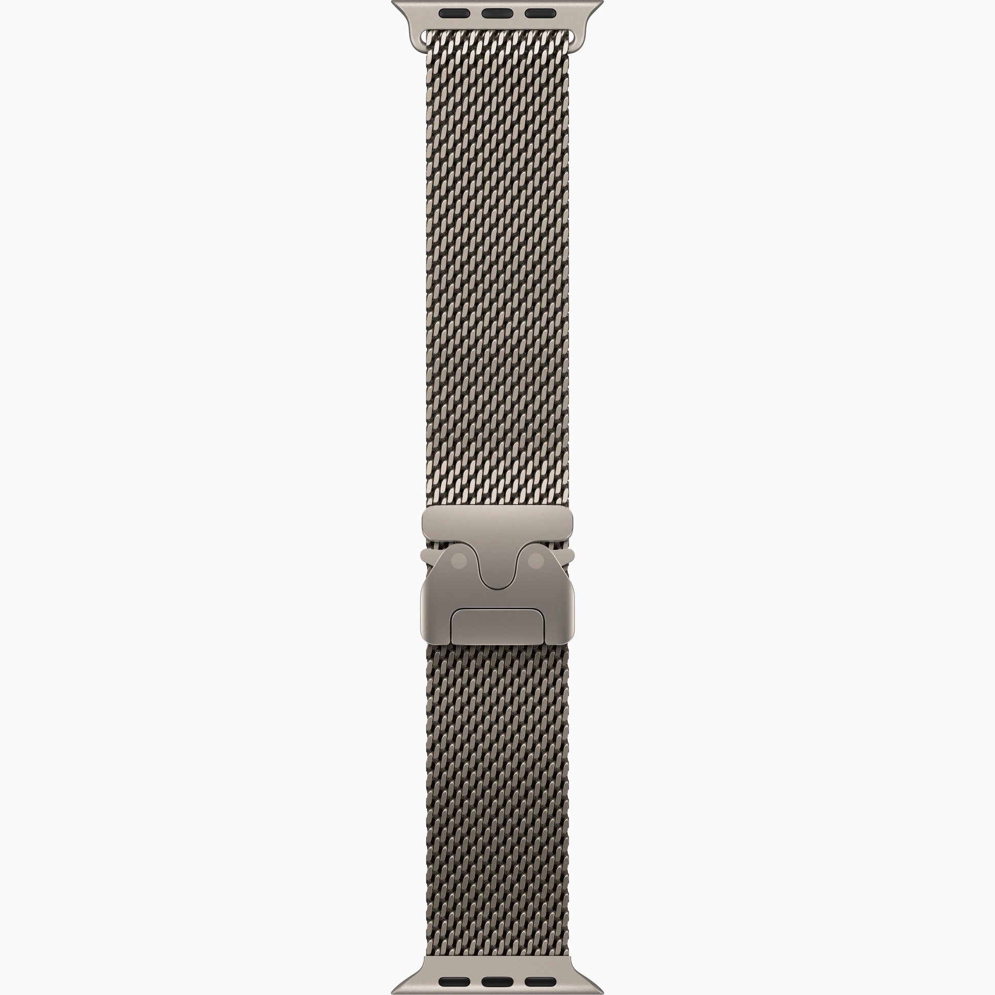 Silver mesh Milanese watch band with clasp, linked metal texture in side view