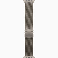 Silver mesh Milanese watch band with clasp, linked metal texture in side view