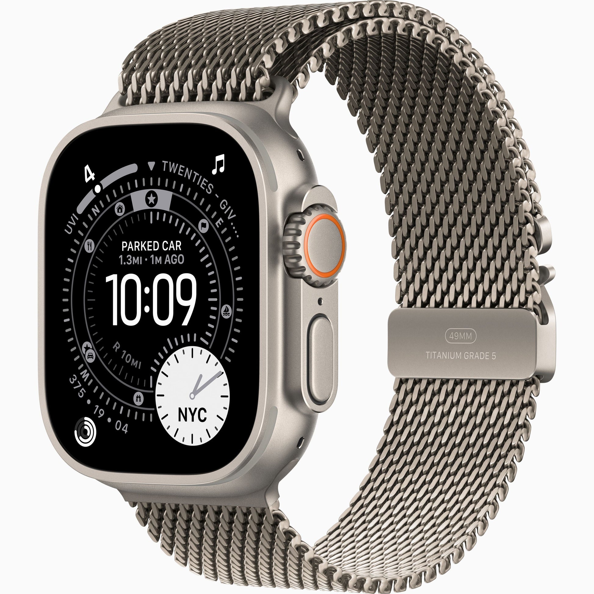 Smartwatch with natural titanium case and silver mesh Milanese loop band