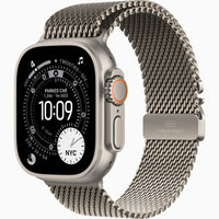 Smartwatch with natural titanium case and silver mesh Milanese loop band