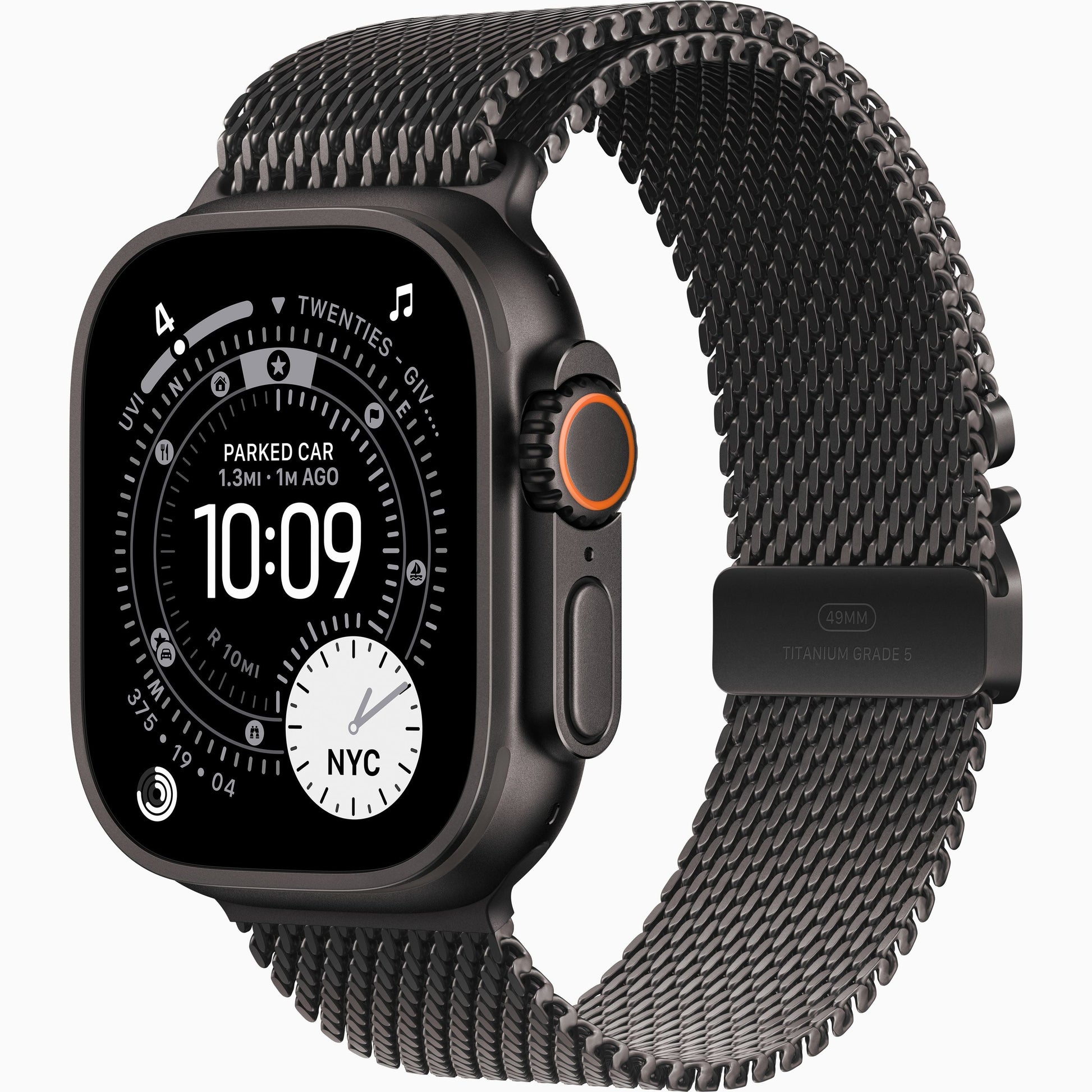 Apple Watch Ultra 3 with dark case and black mesh Milanese loop strap, side angle