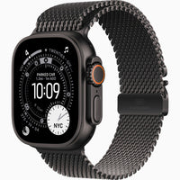 Apple Watch Ultra 3 with dark case and black mesh Milanese loop strap, side angle