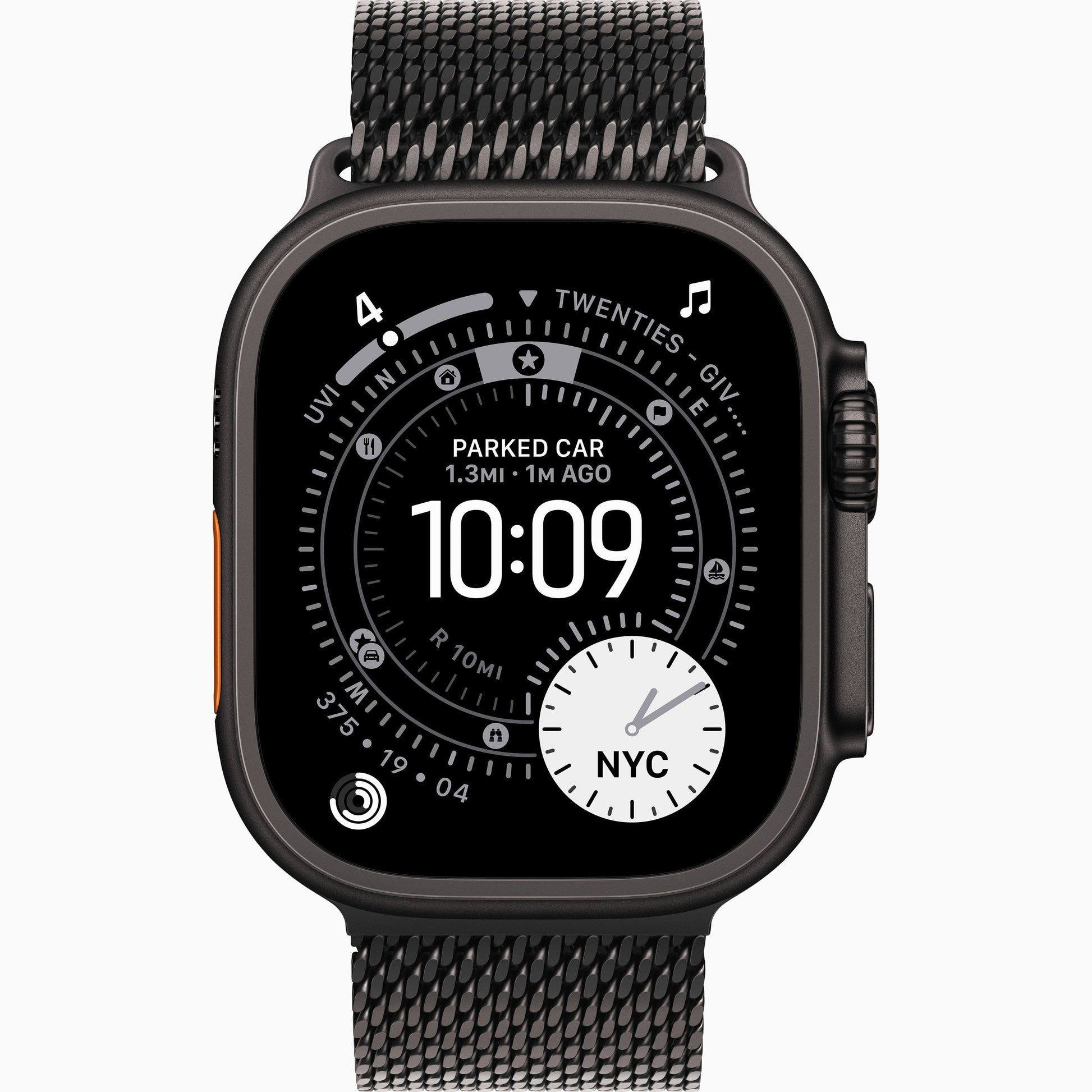 Apple Watch Ultra 3 with dark case and black mesh Milanese loop strap, front view
