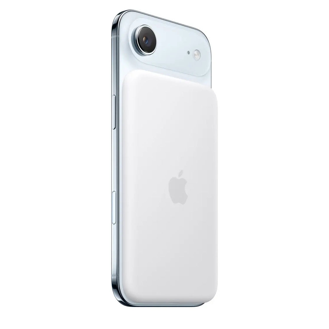 White iPhone with battery pack attached, Apple logo and camera visible