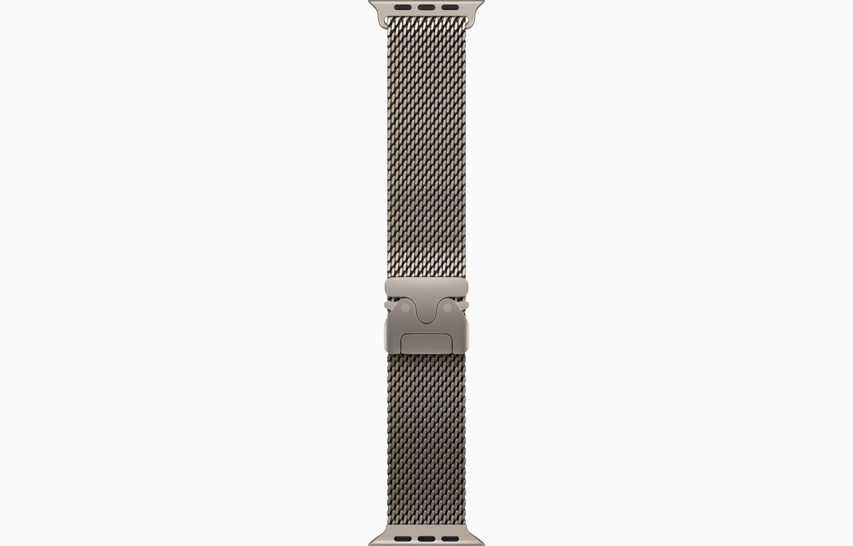 Milanese loop watch band with gray clasp and buckle detail, underside view