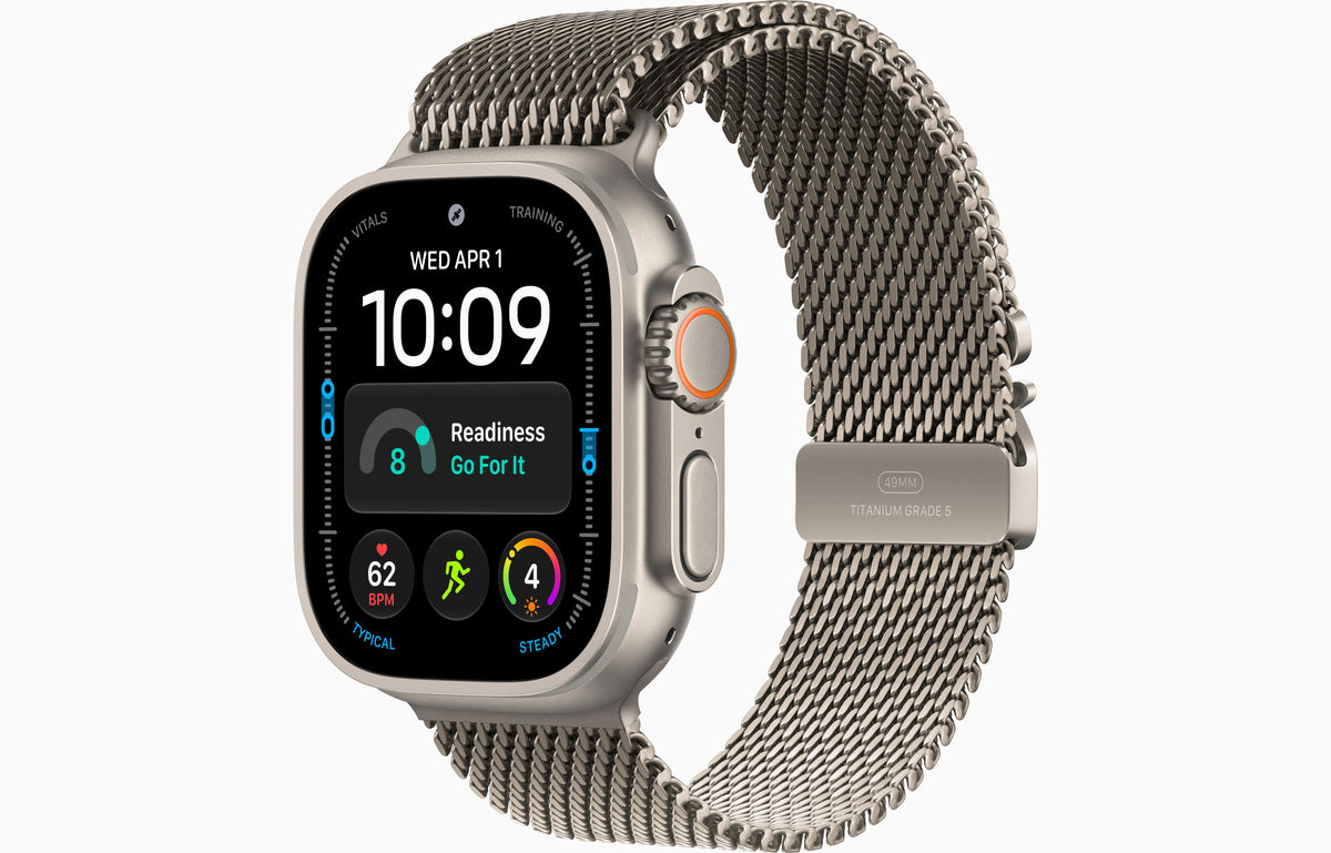 Black titanium smartwatch with silver Milanese loop band, visible crown and button