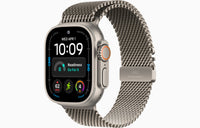 Black titanium smartwatch with silver Milanese loop band, visible crown and button