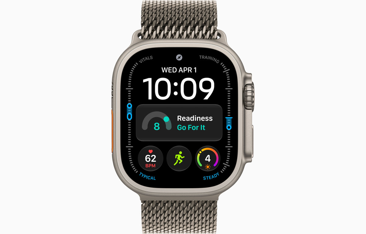 Black titanium smartwatch with gray Milanese loop band, watch face with activity icons