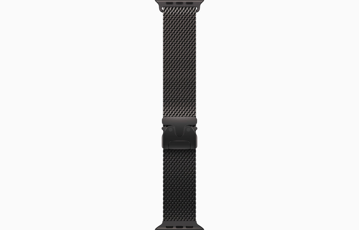 Black Milanese loop watch band with clasp detail, band hanging straight