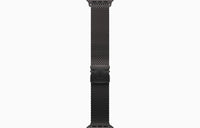 Black Milanese loop watch band with clasp detail, band hanging straight