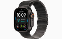 Black titanium smartwatch with black Milanese loop band, watch face and side control