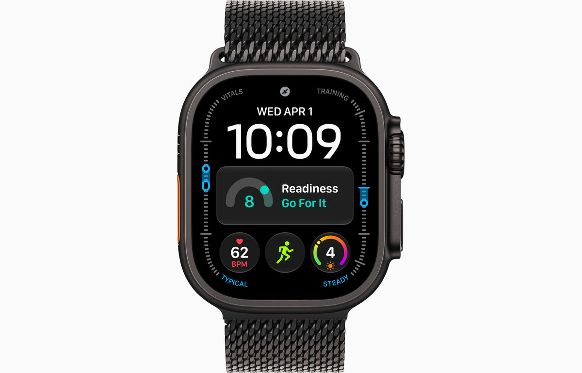 Black titanium smartwatch with black Milanese loop band, watch face showing 10:09