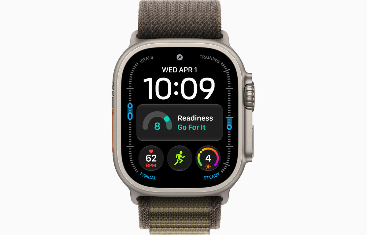 Apple Watch Ultra 4 smartwatch with black display and olive woven fabric strap