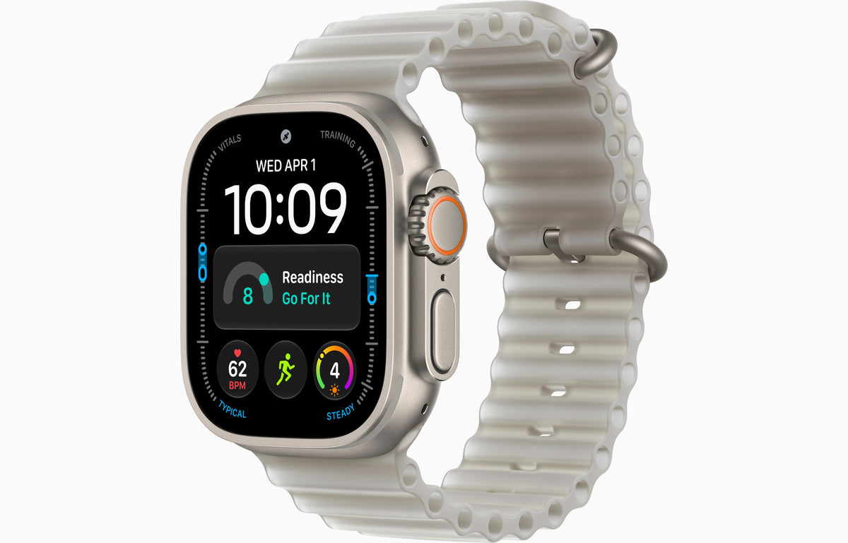 Apple Watch Ultra 4 smartwatch with Ocean Band, silver case, translucent off-white band.