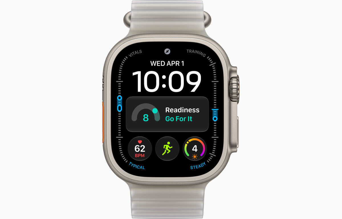 Ultra 4 smartwatch with Ocean Band, dark case, translucent light gray band.