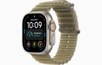 Ultra 4 smartwatch with Ocean Band, silver case, translucent olive green band.