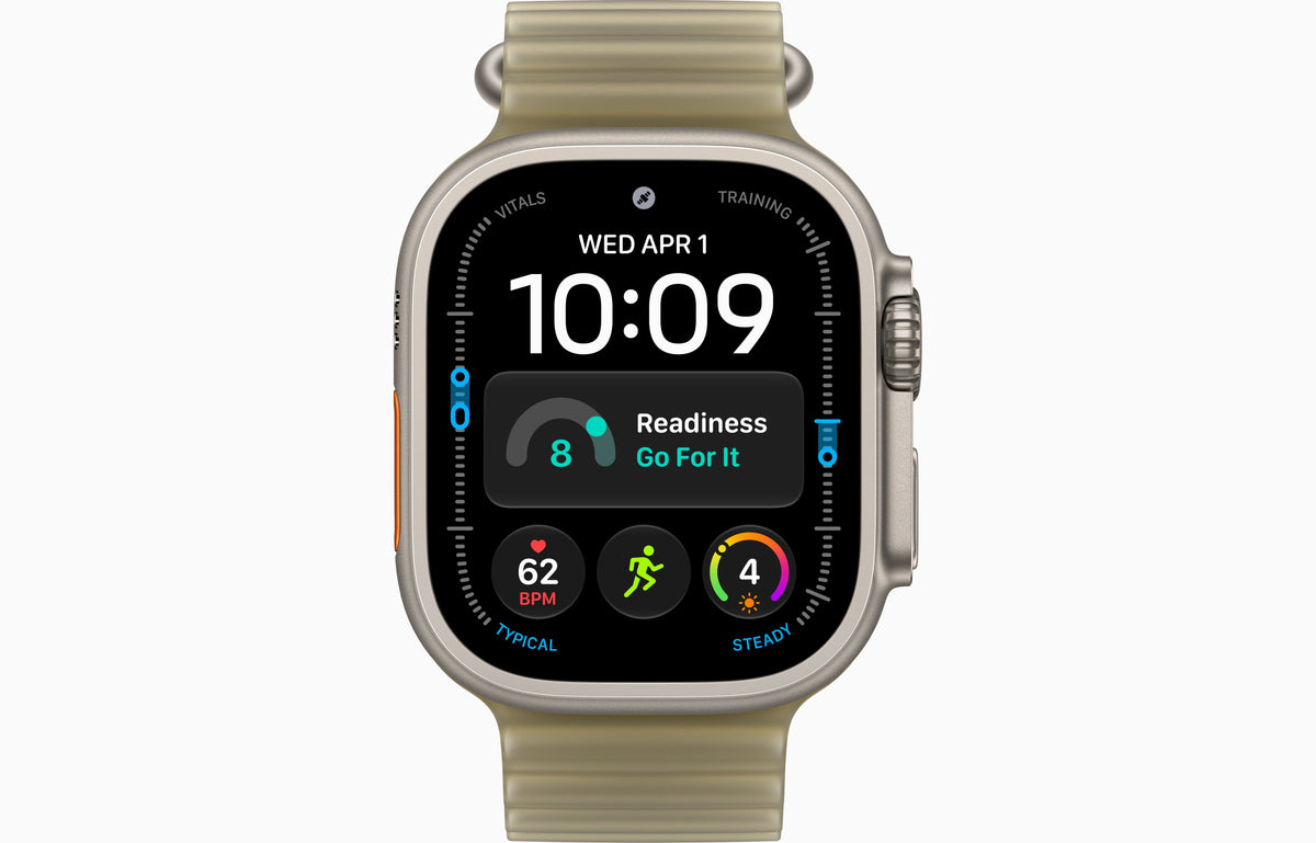 Ultra 4 smartwatch with Ocean Band, dark case, translucent taupe band.