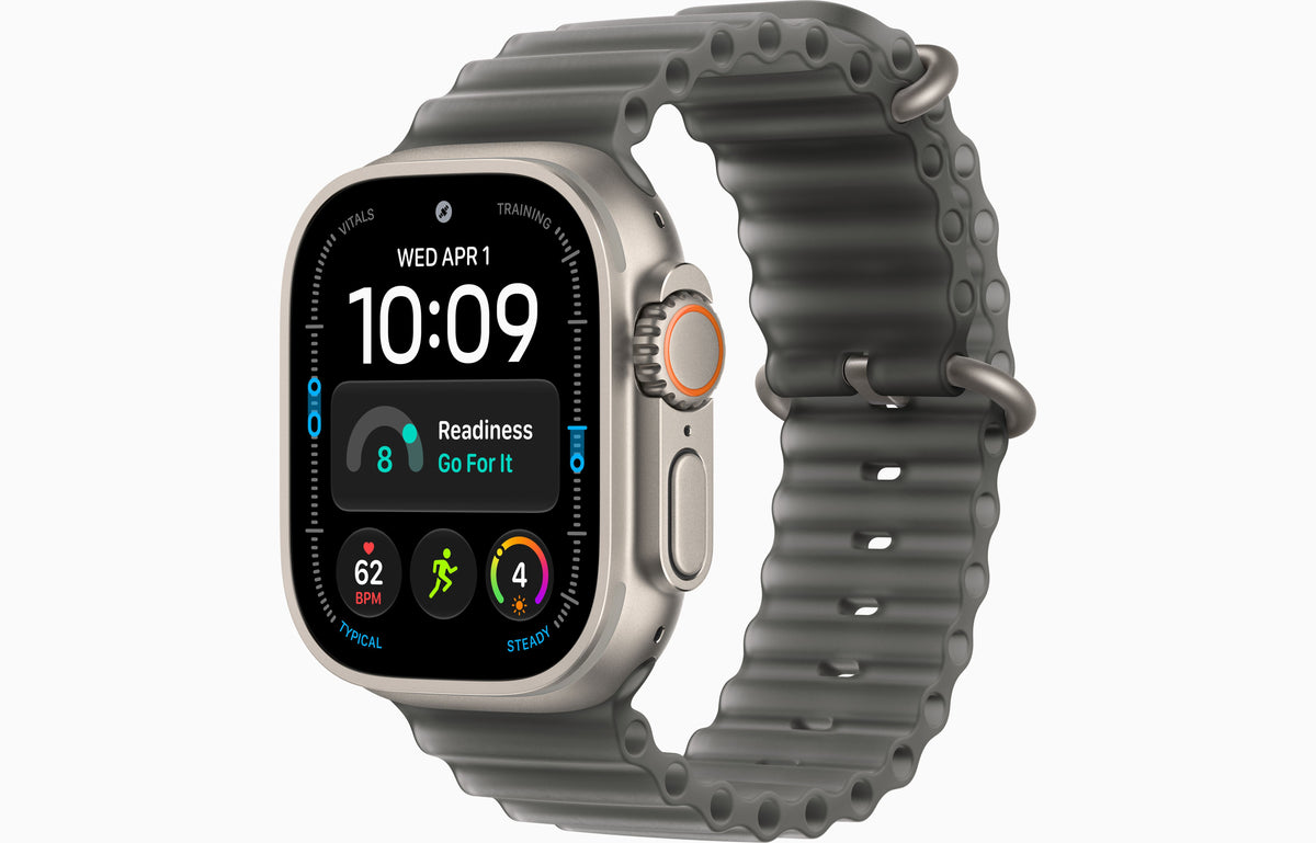 Ultra 4 smartwatch with Ocean Band, dark case, translucent charcoal gray band.