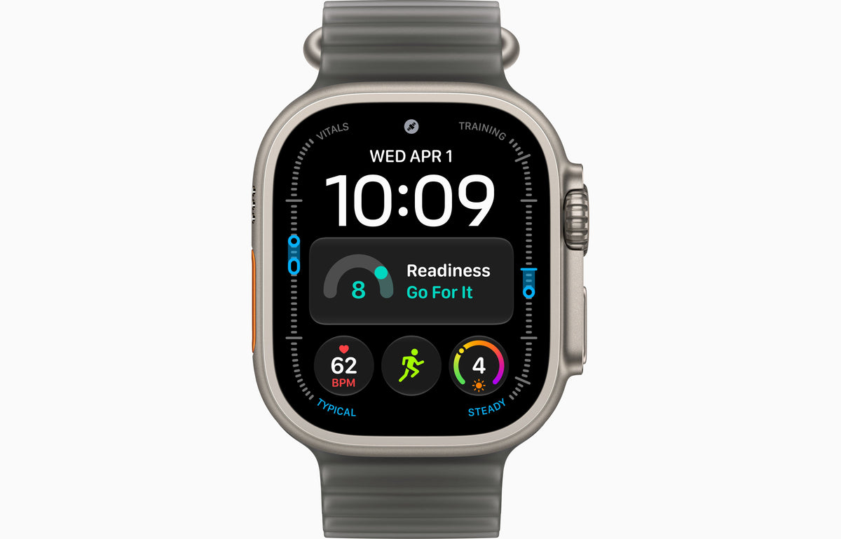 Ultra 4 smartwatch with Ocean Band, dark case, translucent dark gray band.