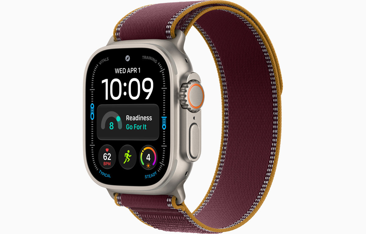 Apple Watch Ultra 4 smartwatch with burgundy Trail Loop strap, black case.