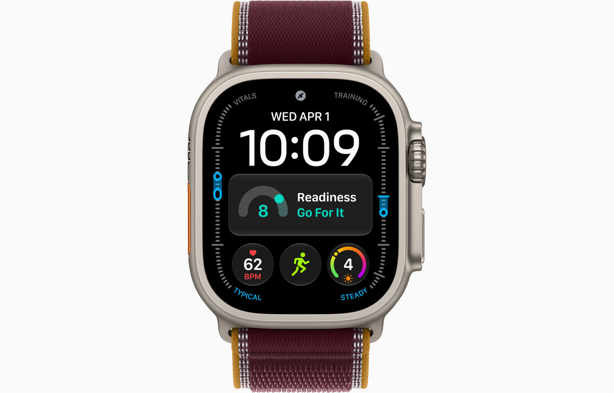 Apple Watch Ultra 4 smartwatch with burgundy Trail Loop strap, natural case.