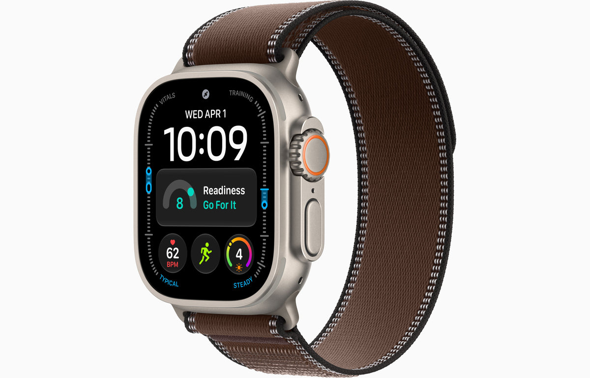 Apple Watch Ultra 4 smartwatch with dark umber Trail Loop strap, natural case.