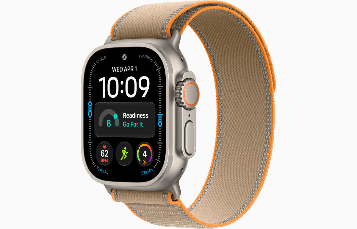 Apple Watch Ultra 4 smartwatch with sand Trail Loop strap, natural case and orange accents.