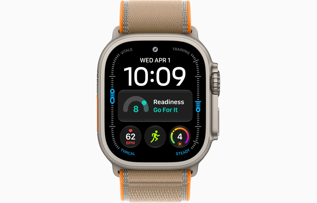 Apple Watch Ultra 4 smartwatch with sand Trail Loop strap, natural case front view.