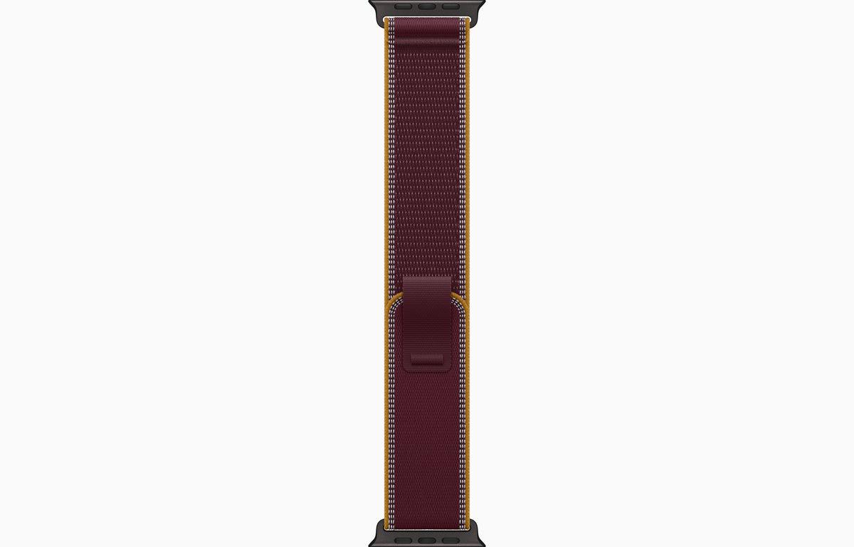 Apple Watch Ultra 4 Trail Loop band in burgundy, side view with case edge.
